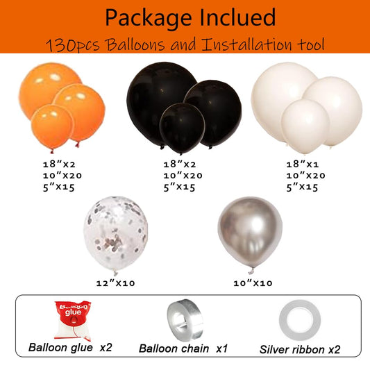 Leesoot All In One 130pcs Black & Orange Balloon Arch Garland Kit, 5 10 12 18inch Different Size Latex Balloons Birthday Party Decoration Halloween Graduation Bengals Harley Davidson + Tools