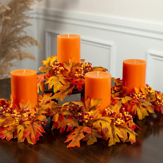 Factory Direct Craft Fall Oak Leaf Candle Rings with Autumn Berries - Set of 4 Artificial Floral Pillar Candle Wreath Rings for Thanksgiving and Halloween Tables Fall Decor Wedding Centerpieces