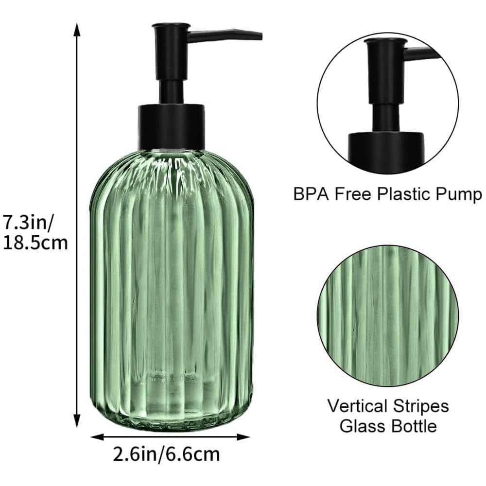 2 Pack 14oz Glass Soap Dispenser with Black Pump – Refillable for Hand Soap, Dish Soap, Lotion, Suited for Kitchen, Bathroom & Laundry Room(Olive Green)