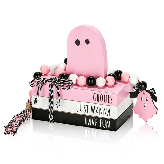 Pink Halloween Decorations 5PCS Table Centerpieces, Cute Girlie Tabletop Halloween Decor for Tiered Tray Shelf Mantel Fire Place Office Desk Rustic Farmhouse Wood Faux Book Stack and Ghosts Sign