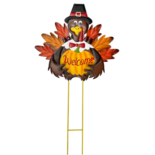Autumn Metal Garden Stakes, Fall Harvest Thanksgiving Metal Pumpkin Welcome Sign with Turkey Stakes Yard Decorations 28.5''H, Garden Patio Lawn Yard Decor Fall Harvest Thanksgiving Outdoor Decorations