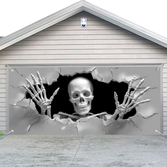 WDESYADMS Skeleton Garage Door Cover 157.48 × 70.87 Inch Scary 3D Cracked Wall Skeleton Garage Door Decoration for Outdoor Halloween Party Yard Home Decor
