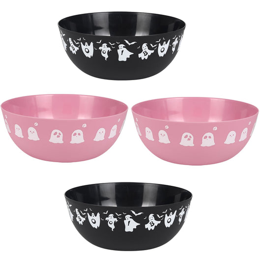 AUECOOME 4 Pieces halloween bowls for candy large - Plastic Trick or Treat Bowls, Reusable Serving plastic bowl for Halloween Party Supplies (Black Pink)