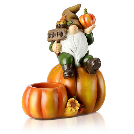 Hotop Fall Pumpkin Gnome Tealight Candle Holder, Thanksgiving Table Centerpiece Resin Figurine, Autumn Harvest Indoor Decor for Mantel Shelf Kitchen Dining Table, 6.5 Inch
