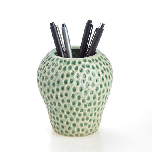 Uhuida Cute Strawberry Pencil Holder for Desk, Large Ceramic Pen Holder & Makeup Brush Holder, Kawaii Strawberry Desk Organizers for Girls Kids Teachers(Green)