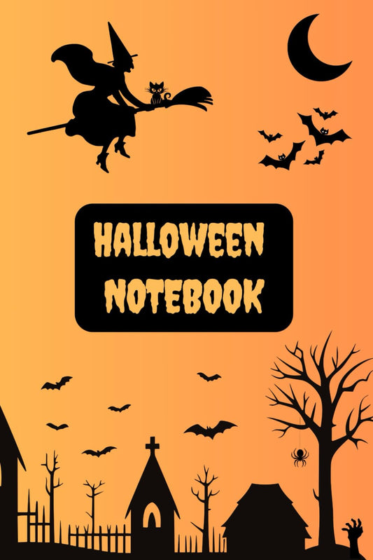 Halloween Notebook Journal with Orange Cover Featuring Spooky Text, Bats, Witch and Cemetery
