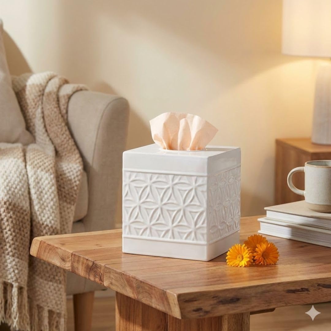 Autumn Alley White Tissue Box Cover Square, Bathroom Accessories, Decorative Tissue Holders for Bathrooms, Bedroom, Kitchen with Embossed Pattern Tissue Holders Decorative, Modern, White