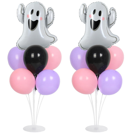 Halloween Ghost Party Balloons Stand Kit 2 Sets with 2 White Ghost Foil Balloons Pink Black and Purple Balloon Centerpiece for Tables for Baby Shower Horror Birthday Party Decorations