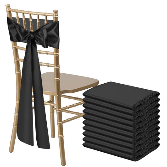 Bouiexye 10 PCS Black Satin Chair Sashes Bows Universal Chair Ribbon Ties Back Sash for Wedding Party Reception Events Banquets Hotel Event Chair Cover Decoration (Champagne 7x108 inch)