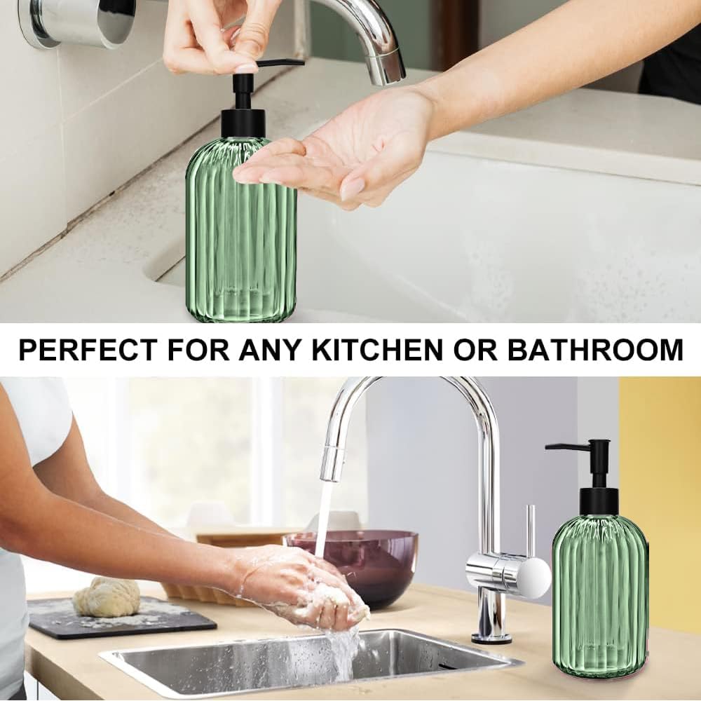 2 Pack 14oz Glass Soap Dispenser with Black Pump – Refillable for Hand Soap, Dish Soap, Lotion, Suited for Kitchen, Bathroom & Laundry Room(Olive Green)