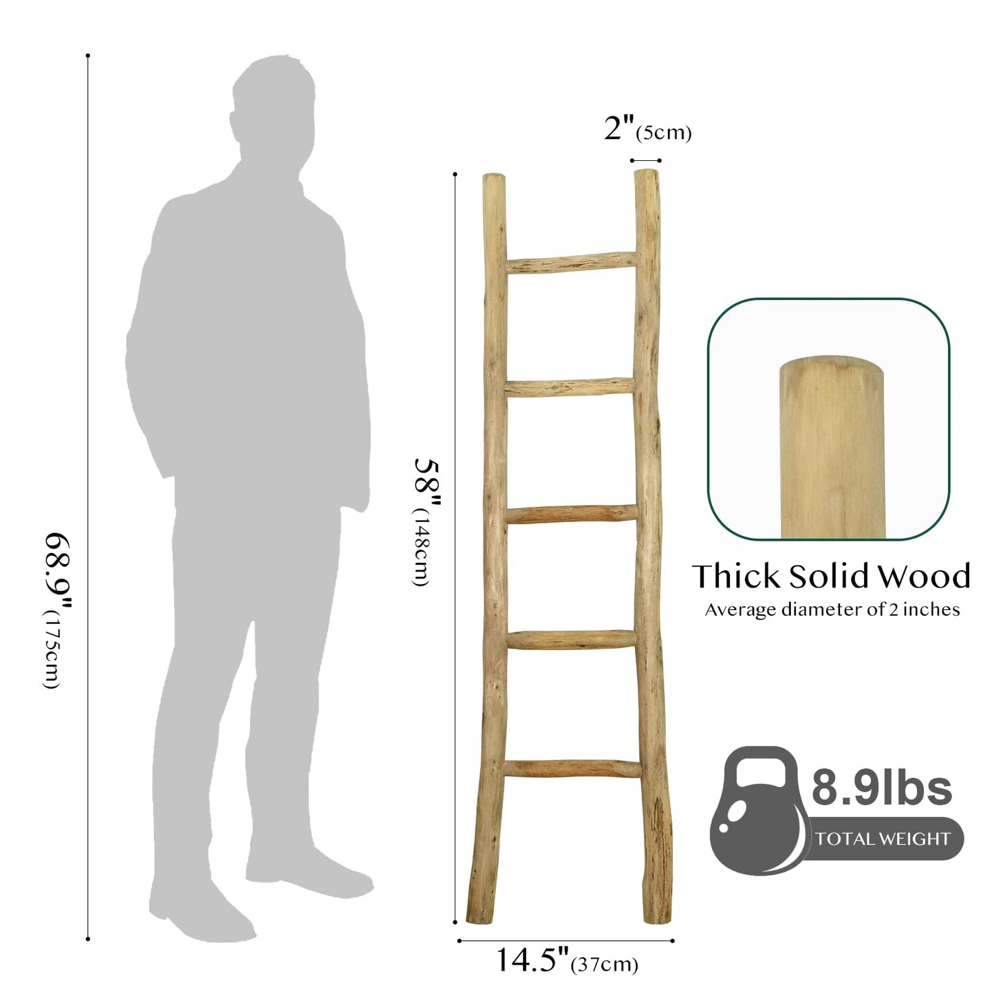 BOMINGHOME Fully Assembled Wood Ladder for Blankets, 5-Layer Structure Towel Rack, Farmhouse Style, Durable and Convenient Throw Blanket Ladder, Living Room Decoration