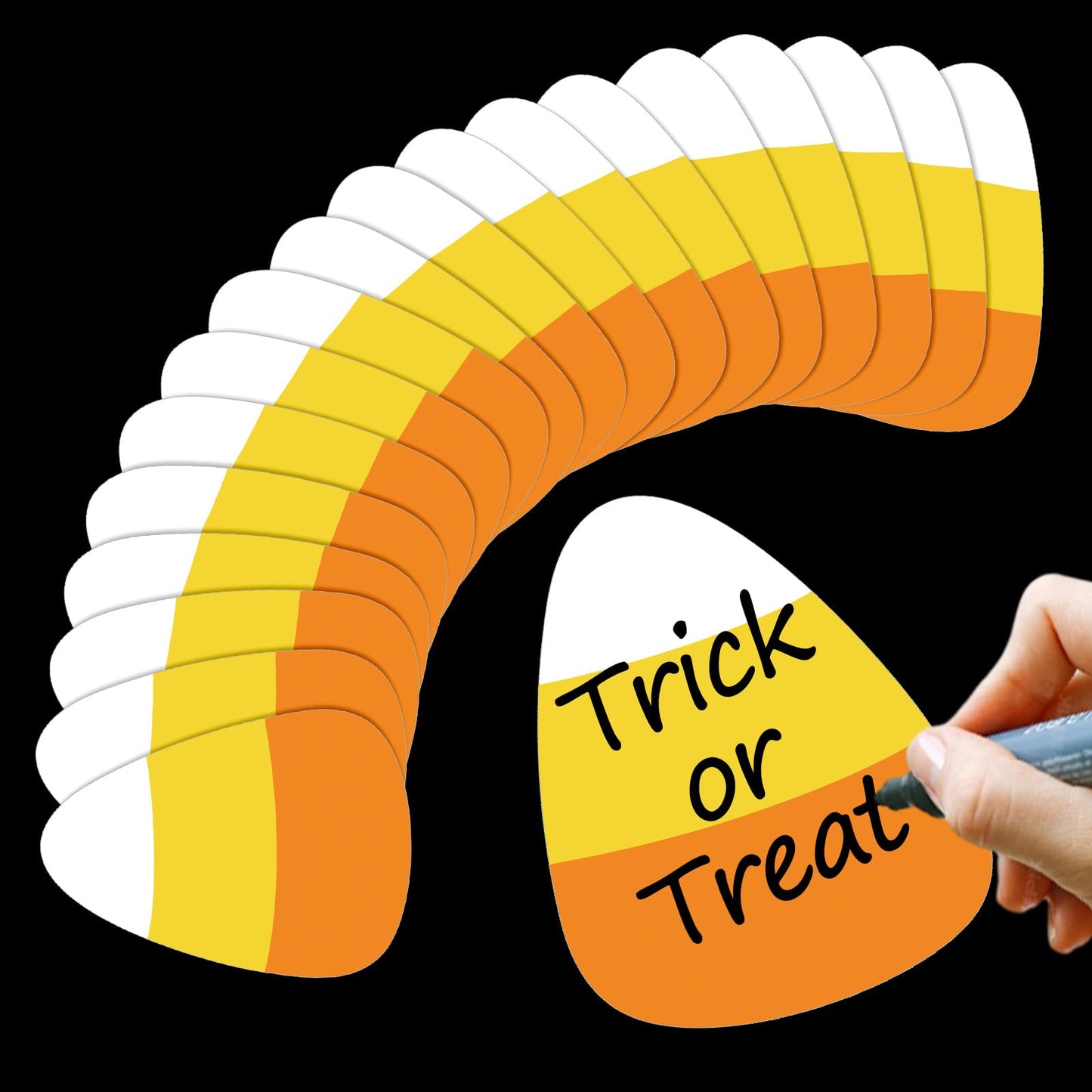 JarThenaAMCS 50Pcs Halloween Cutouts Candy Corn Paper Cut-Outs Halloween Candy Corn Bulletin Board Decor with 100Pcs Glue Points for DIY Art Craft Wall Home Classroom School Party