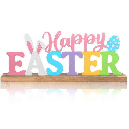 MiniInflat Happy Easter Metal Sign Rustic Table Decor Holiday Tiered Tray Decor with Wooden Base Freestanding Metal Word Sign for Home Tabletop Centerpiece Mantel Shelf Fireplace