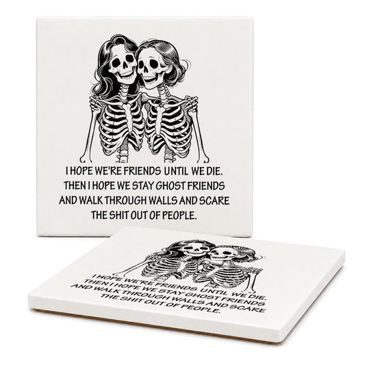 Xiahde Funny Skeleton Friends Coasters Dark Humor Gothic Ceramic Coasters Set of 2, for Women, Absorbent Stone Coasters with Cork Base Drink Coaster for Home Bar Halloween Decor