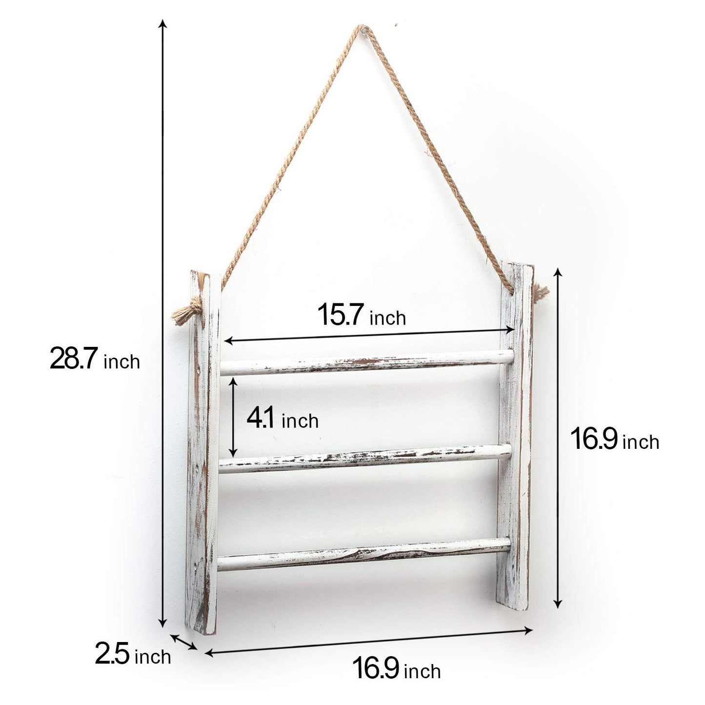 CuffUp Rustic Wood Ladder Hand Towel Rack for Bathroom, Farmhouse Blanket Ladder for Living Room Hanging Decorative Rack for Blankets Whitewashed Towel Rack with Rope (Whitewashed)