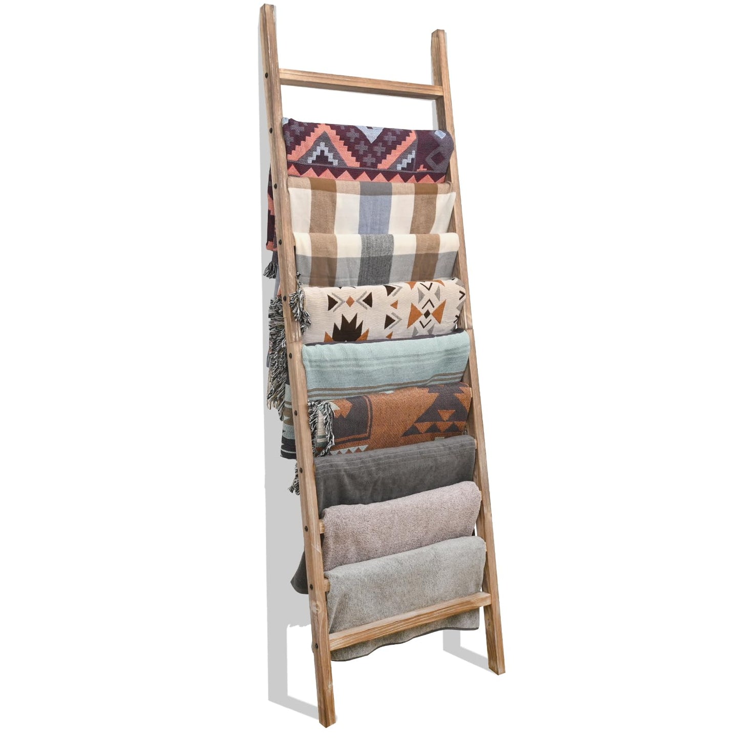 FUIN 6.4ft Extra Wide Wooden Blanket Ladder Living Room Decorative Wal Leaning Farmhouse Quilt Display Holder Rustic Wood Towel Rack for Bathroom, Burnt Brown, 24 inch Wide with 11 Rungs