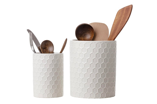 Docrin Ceramic Kitchen Utensil Holder 2 Pack - 6.8"+5.1" Inch Countertop Storage Organizer, Non-Slip Base, Easy to Clean, Elegant White Ceramic Utensil Crocks for Spatulas, Spoons, Cooking Gadgets