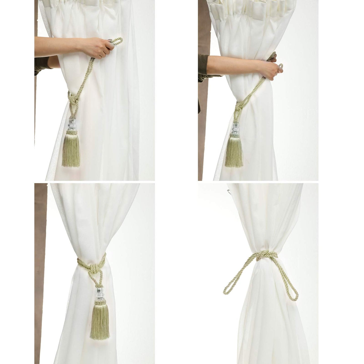 Fenghuangwu Tassel Curtain Tiebacks Handmade Curtain Tie Backs, Elegant Crystal Curtain Holdbacks for Home Office Decor (Beige, 2P)