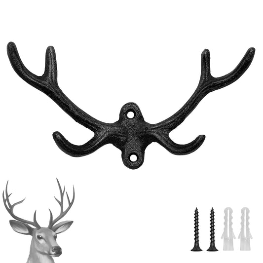 HERNGEE Cast Iron Antler Wall Hook – Black Rustic Deer Antlers Wall Hook, Heavy-Duty Coat & Key Hook for Entryway, Bathroom, or Bedroom, 1 Pack