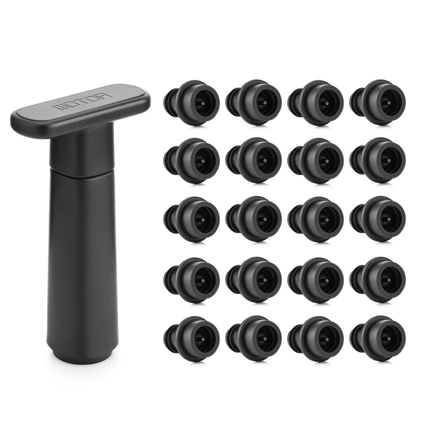 WOTOR Wine Saver Vacuum Pump with 20 Stoppers, Wine Stopper & Preserver, Reusable Bottle Sealer Keeps Fresh, Ideal Accessories Gift (Flat Handle)