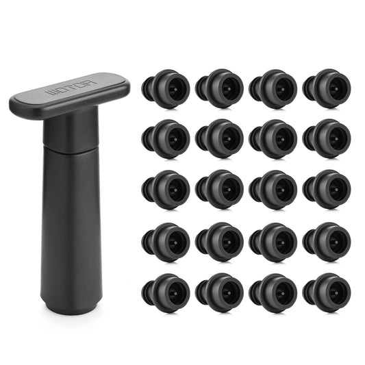 WOTOR Wine Saver Vacuum Pump with 20 Stoppers, Wine Stopper & Preserver, Reusable Bottle Sealer Keeps Fresh, Ideal Accessories Gift (Flat Handle)