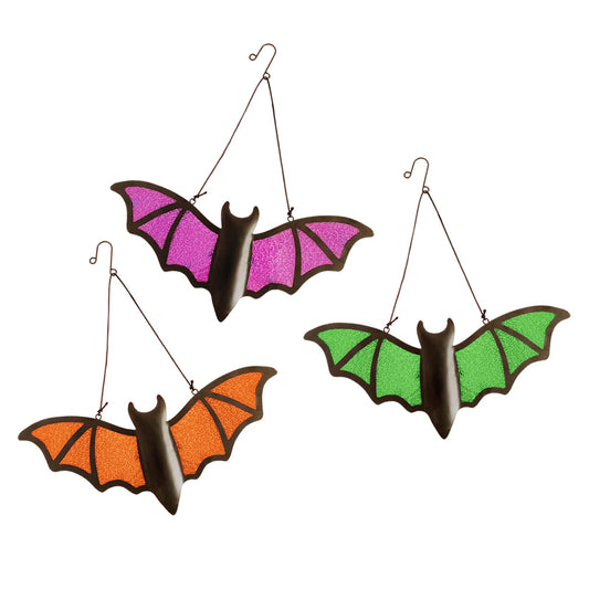 Senflame Halloween Bat Decoration - 3 Pack Metal & Glass Outdoor/Indoor Bat Decor with 13"x5.7" Realistic Bats in Green, Purple, Orange for Garden, Yard, Wall - Waterproof Scary Party Supplies