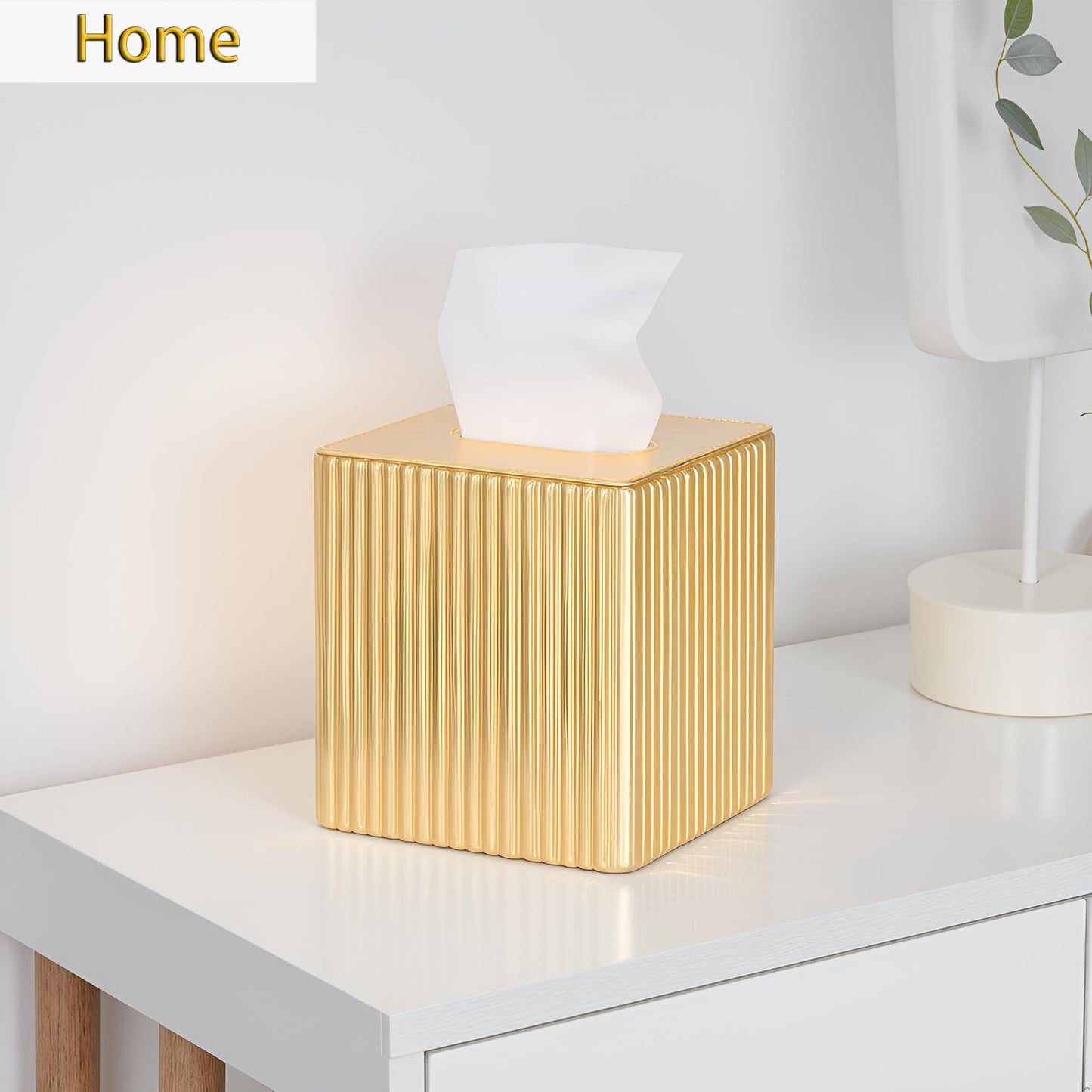 Gold Tissue Box Cover Holder, Square PU Leather Decorative Organizer for Home, Office, Bathroom, Tabletop