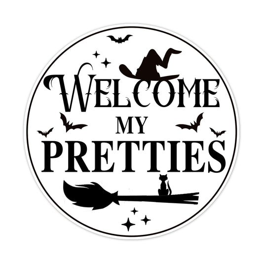 Generic Welcome My Pretties Round Aluminum Sign Halloween Metal Tin Signs Autumn Witch Ghost Pumpkin Wall Decor Sign For Home Kitchen Cafe 8x8 Inch