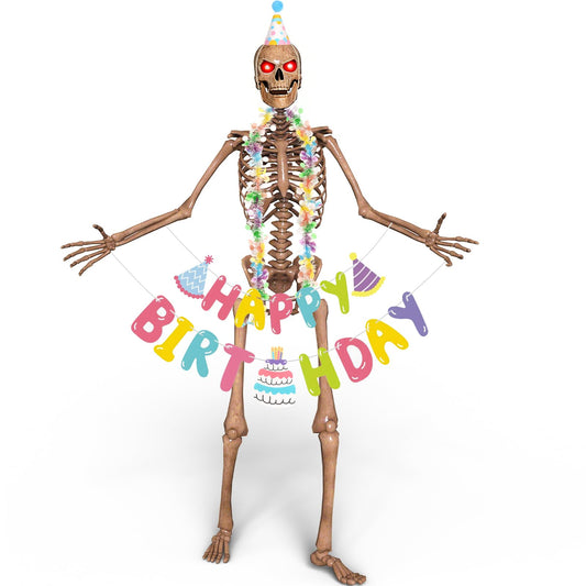 3 Pcs 12ft Skeleton Birthday Costume Accessories 12 Foot Skeleton Outfits with Happy Birthday Banner Cone Hat Colorful Garland Accessories Giant Skeletons Clothes for Holiday Garden Patio Lawn Decor