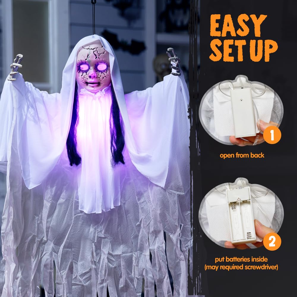 JOYIN 43" Outdoor Halloween Decoration, Scary Girl Hanging Ghost Decor with Light-up Head for Yard, Patio, Haunted House Lawn Garden