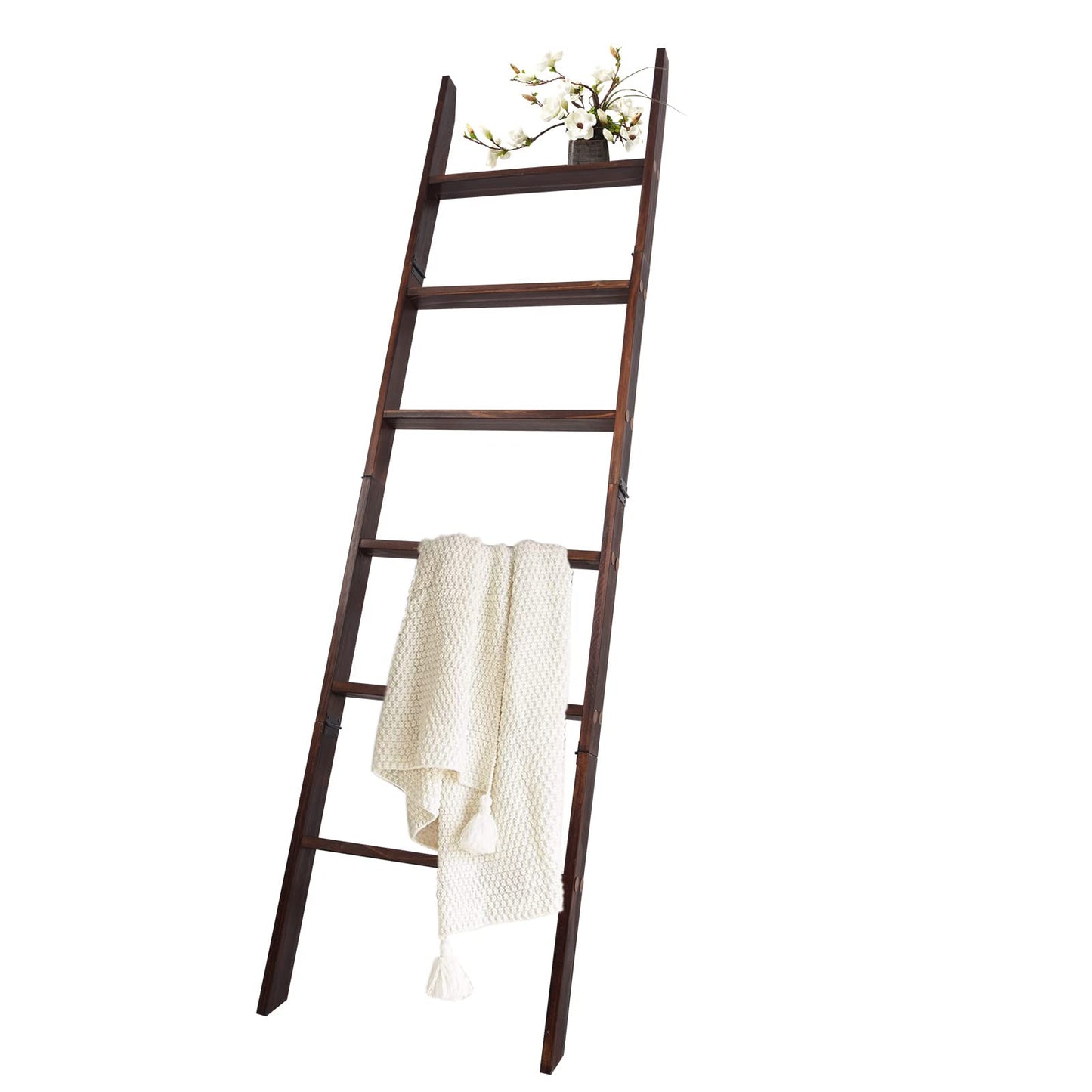 HYBDAMAI Blanket Ladder, 6-Tier Wooden Quilt Stand, Decorative Ladder Shelf, Leaning Shelf, Wall Leaning Blanket Ladder Towel Storage Rack for Living Room (Brown)