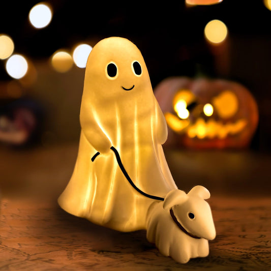 RWSEFK Ghost Walking Dog Display Statue Nightlight, Warm Lighted Indoor Figurine Lamps, Halloween Decors Spooky Dog Light, Cute Decorations for Party, Home, Bedroom, Shelf, Table Centerpiece (Boy)