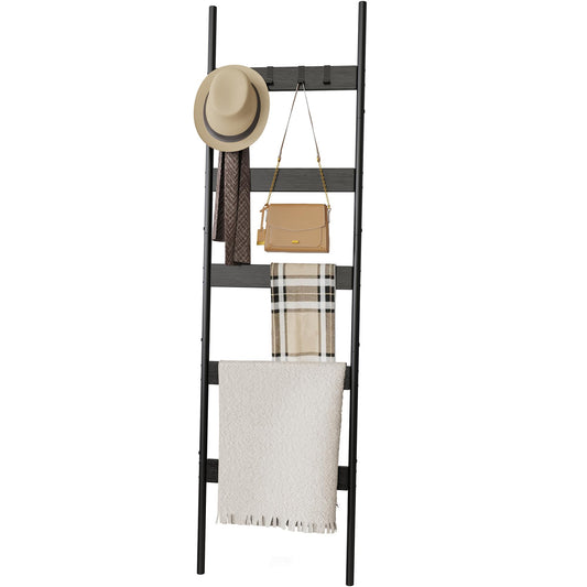 Blanket Ladder, 5-Tier Towel Holder with 4 Removable Hooks, Farmhouse Wall Leaning Decorative Rack Shelf, Wooden Towel Display Rack, Quilt Ladder for Living Room, Bedroom, Black