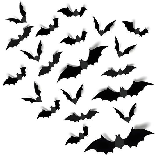60PCS Halloween Bats Decorations, Wall Decor Halloween Party Indoor Outdoor Party Supplies, Reusable PVC 3D Black Bats Stickers for DIY Home Window Door, 4 Sizes Bat