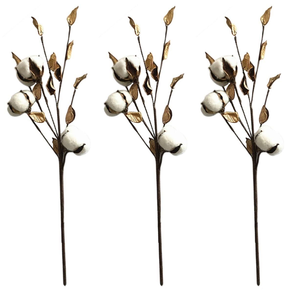 CORHAD Artificial Cotton Stems for Vase 3 Pcs Brown Cotton Stalks Decor Rustic Flower Decor for Home Tabletop Wedding Centerpiece DIY Wreath
