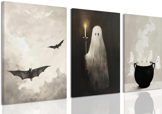 Fall Halloween Wall Art Set of 3, Vintage Halloween Ghosts Canvas Painting Wall Decor, Ghost Bat Funny Spooky Gothic Pictures Prints for Living Room Bedroom Fireplace Office Home24 X 16In Framed