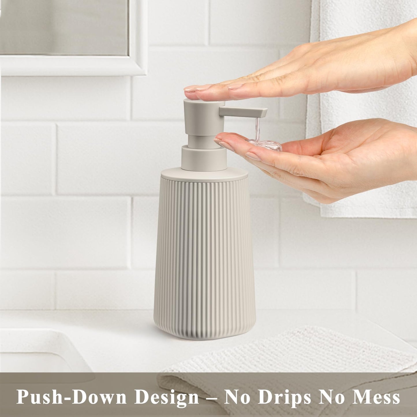 zuxzmj Beige 2 Pack Hand Soap Dispensers Set with No Rust Pump for Bathroom and Kitchen Countertops Refillable Matte Striped Plastic 8.5 oz