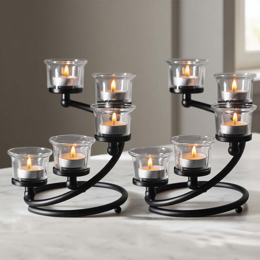 Kolnlala 2Pcs Black 5-arm Metal & Glass Tea Light Candle Holders for Table Centerpiece, Glass Votive Tealight Holders/Candelabra Candlestick Holders for Wedding,Party, Anniversary,Christmas