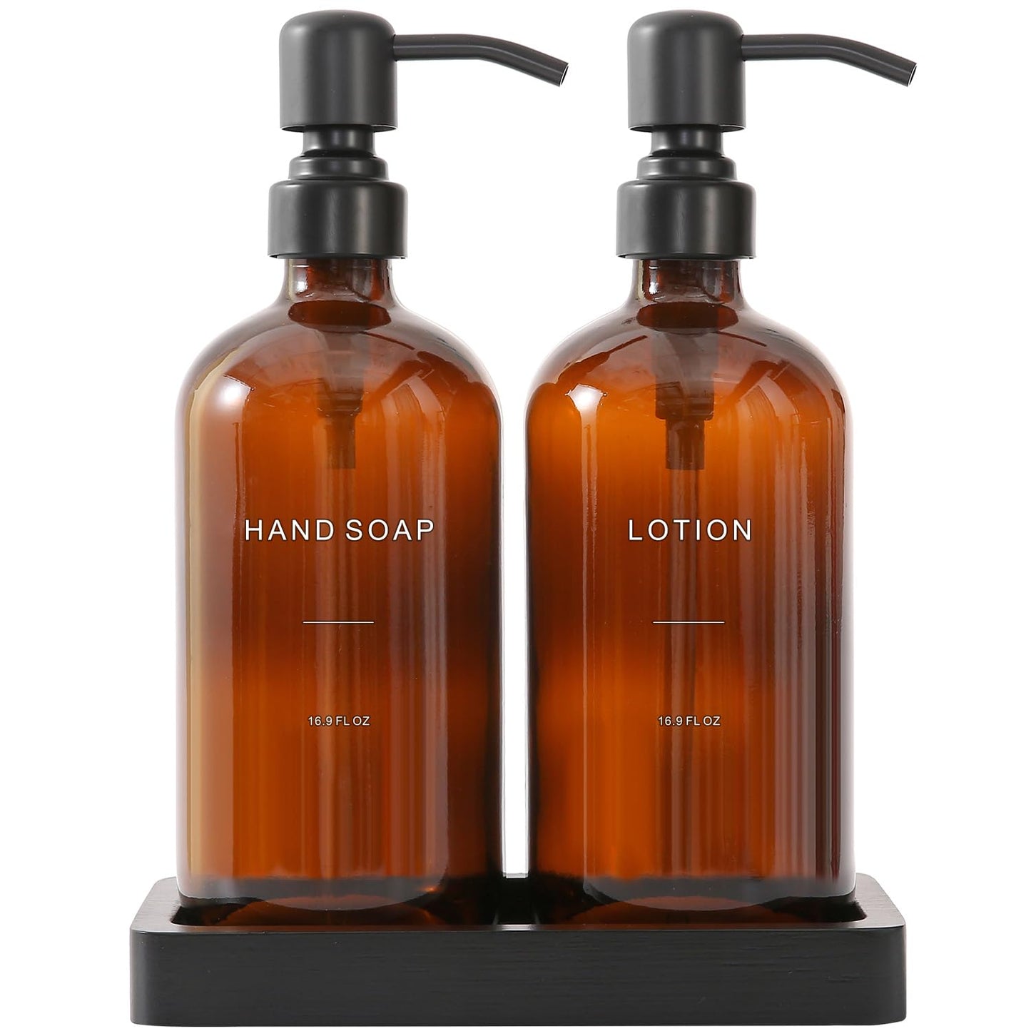 Prus Waso Amber Glass Soap Dispenser Set, Hand Soap and Lotion Set with Black Stainless Steel Pump, Perfect for Modern Bathroom Decor. (Amber)