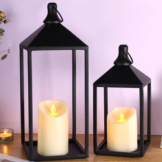 MATAHUM 2pcs Farmhouse Lantern Decor with LED Flickering Flameless Candles - Black Metal Lanterns Decorative for Home Decor, Fireplace Mantle or Table Centerpiece, Halloween Christmas Lantern Decor