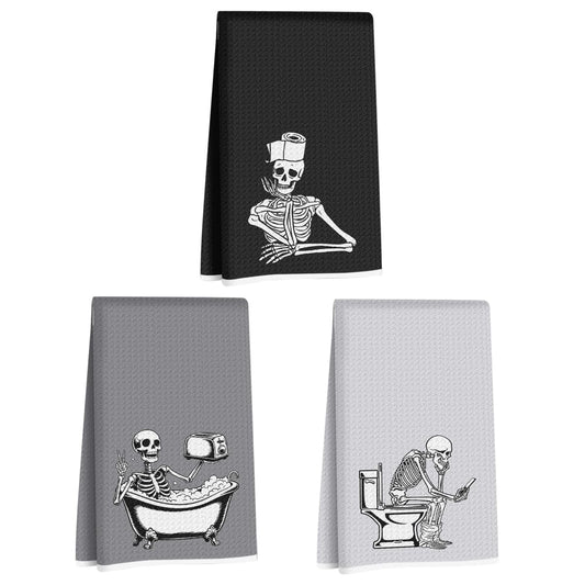 Jztco 3 Pcs Funny Skeleton Hand Towel for Bathroom 14x24 Inch, Skull Halloween Kitchen Towels Waffle Weave Hand Cloth Tea Towel, Goth Skeleton Bathroom Decor, Halloween Birthday Gifts