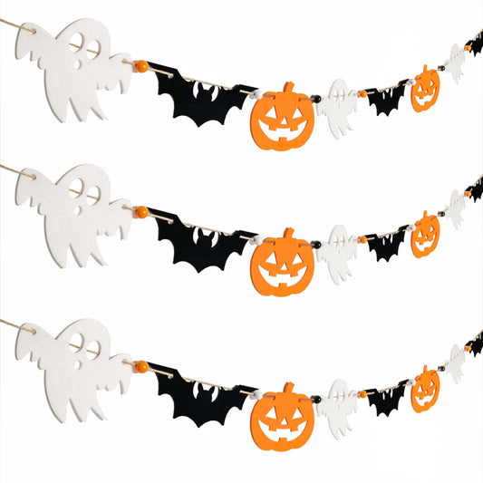 FuSenYuan (Pre-Strung) Halloween Felt Garland Set of 3 Ghost Bat Pumpkin Garland with Wooden Beads Felt Halloween Hanging Garland Banner for Party Mantle Home Wall Decor