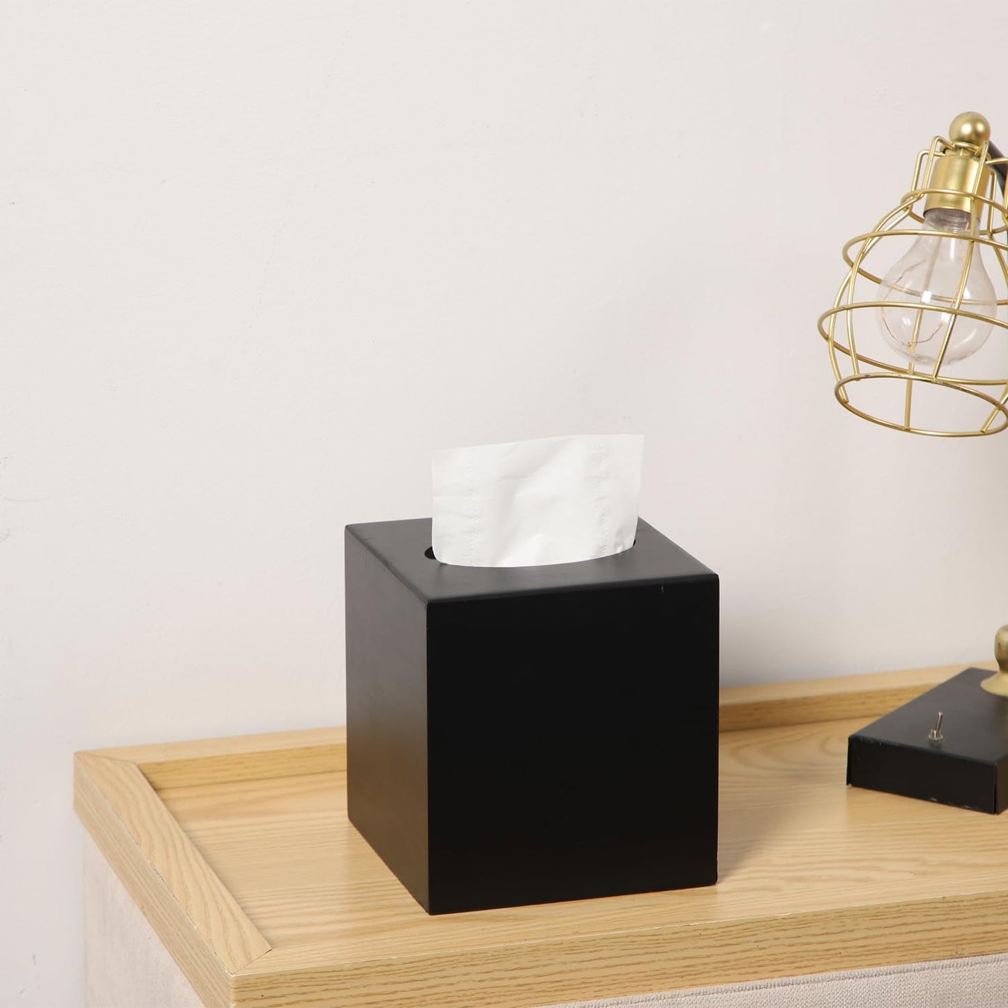 CATORY Tissue Box Cover Square,Wooden Tissue Box Holder,Cube Tissue Box Cover with Slide-Out Bottom,Decorative Tissue Box Holder Covers Your Tissues for Bathroom,Living Room,Office-Black, TBC04B
