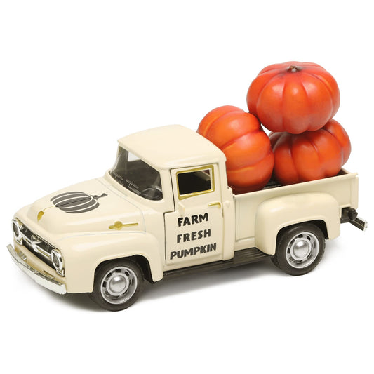 NEWLIGHTURE Thanksgiving Fall Pumpkin Truck Decor Mini Harvest Metal Farm Truck with 3 Pumpkins | Vintage Diecast Model for Tiered Tray Home Décor 4.8 inches
