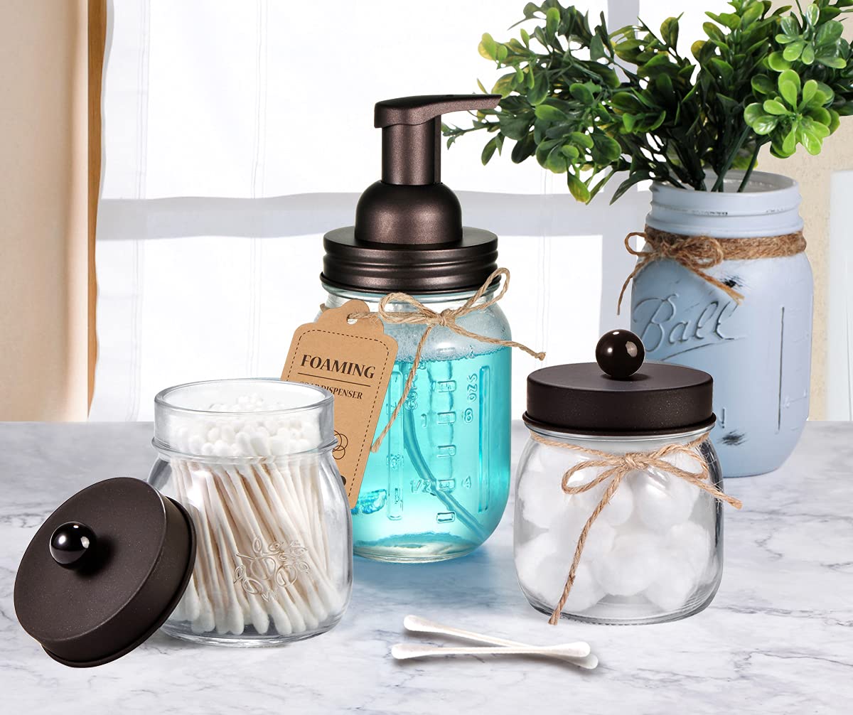 SheeChung Mason Jar Foaming Soap Dispenser-Rustproof Stainless Steel Lid & Foaming Soap Pump, Refill Foam Hand Soap Dispenser Glass for Bathroom Kitchen Vanities, Countertops-Bronze (2 pk)