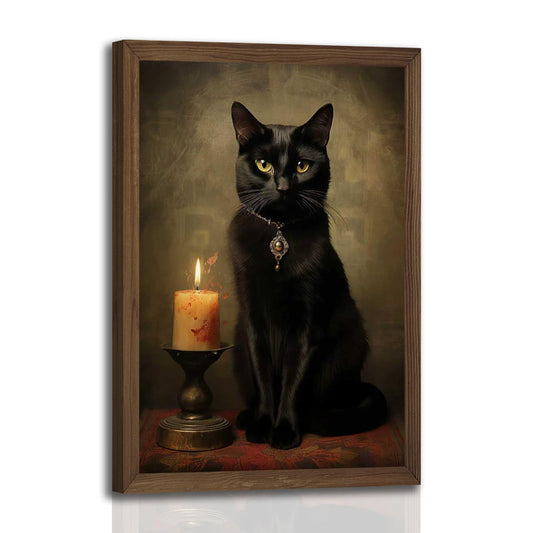 Framed Black Cat Wall Art with Dark Wood Frame – 12x16 Inch Gothic Vintage Cat Canvas Print – Witchcore Witch Aesthetic Painting for Bedroom, Living Room – Dark Academia Decor Poster for Cat Lovers