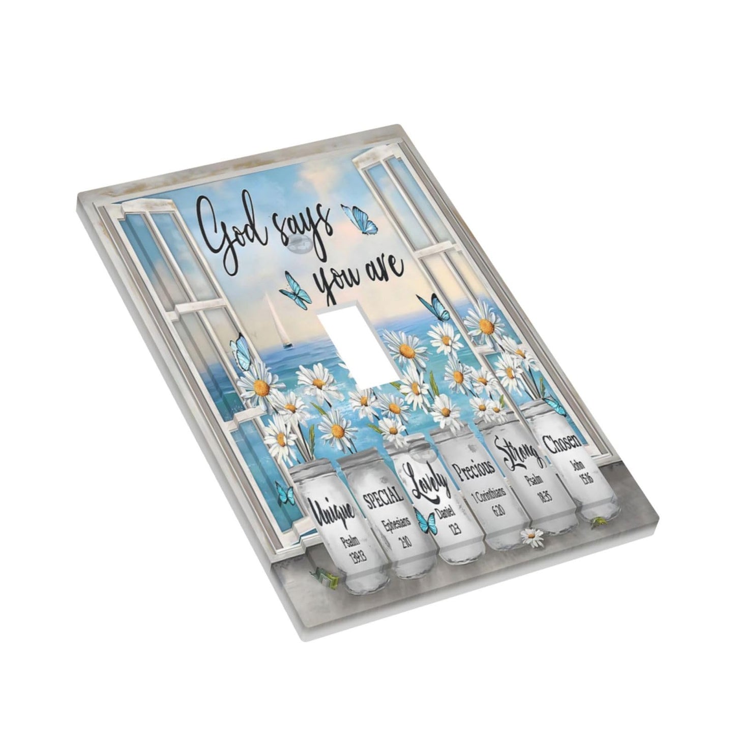 White Daisy Flowers in Vase Single Toggle Light Switch Cover Decorative Christian Inspirational Window 1 Gang Wall Plate Blue Sea Butterfly Floral Electrical Switchplate Faceplate for Bathroom Decor