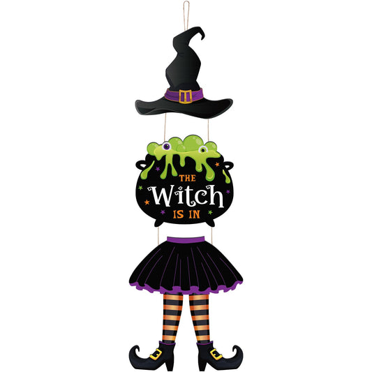 Yerliker The Witch is in Sign Decoration Halloween Witch Legs Hat Hanging Wooden Wall Decor Version Rustic Front Door Hanger Fall Art Ornament for Home Room Indoor Outdoor Holiday Party