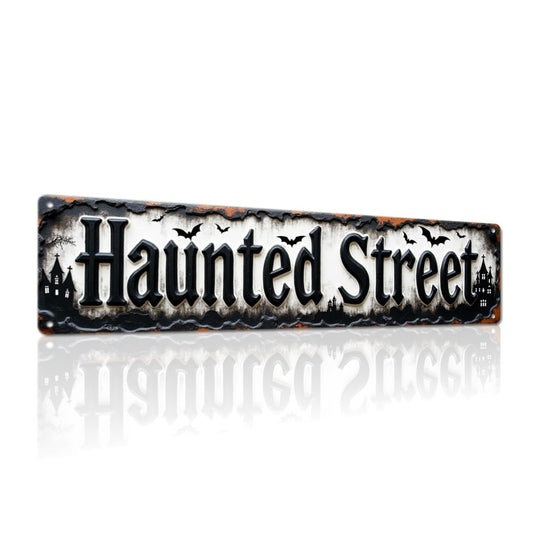Haunted Street Metal Tin Sign Halloween Wall Decor For Home, Entryway, Farmhouse, And Halloween Parties Rustic Vintage Style Decorative Signs & Plaques 4x16 Inch