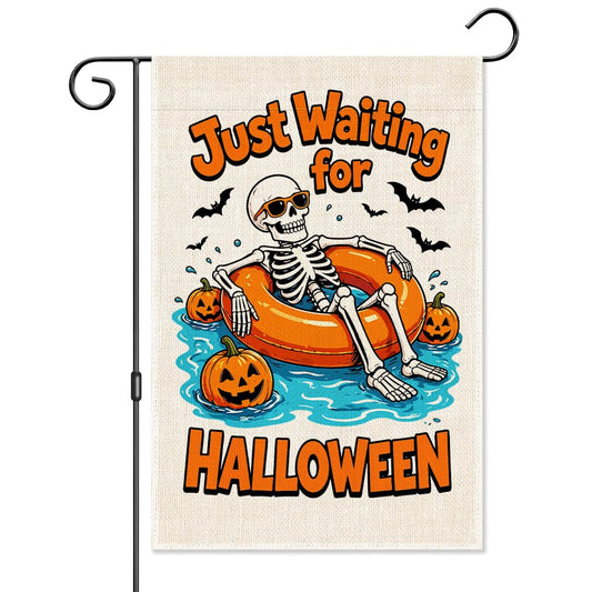 UAKXOIF Just Waiting For Halloween Garden Flag, Spooky Skeleton Pumpkin Flag for Outside Pool Party, Double-Sided Fall Yard Sign for Halloween Lovers, Spooky Season Outdoor Decor for Neighbor Family